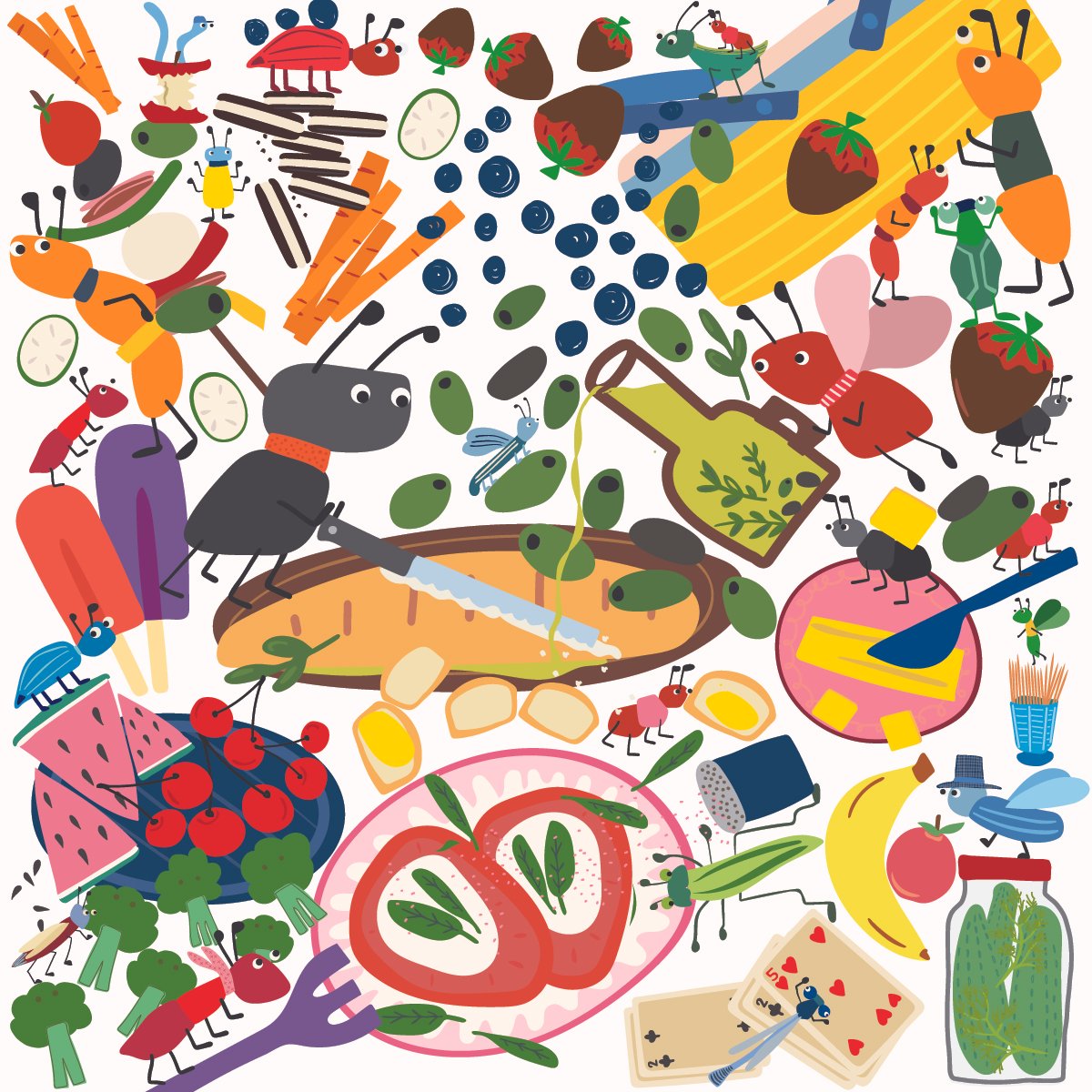 Colorful illustration of insects and food items on a white background