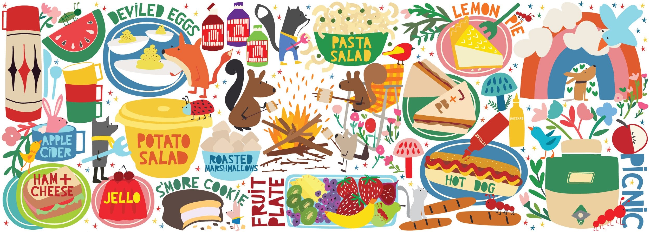 Collection of colorful illustrations related to picnic foods and activities on a white background.