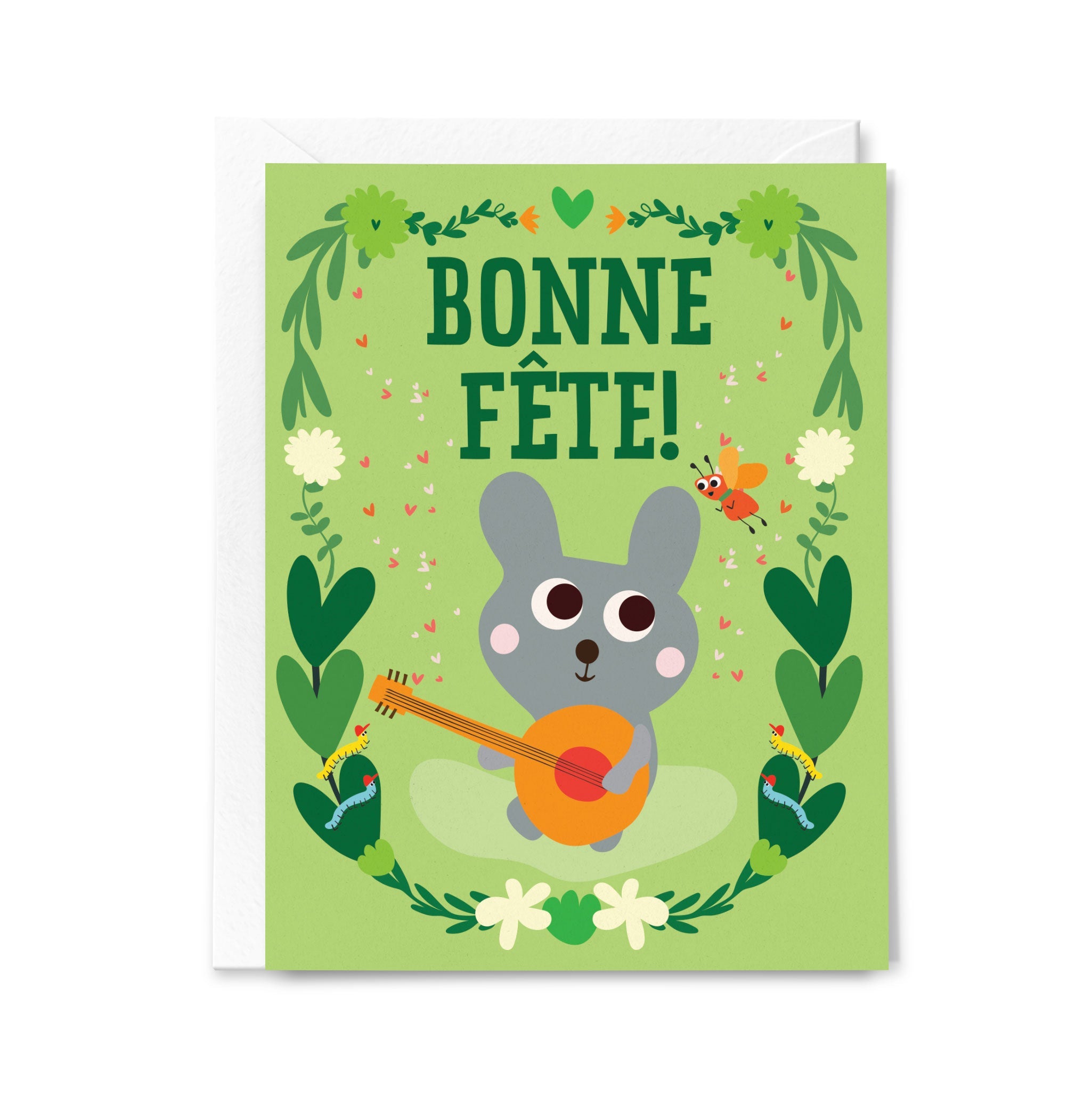 Greeting card with a cartoon mouse playing a guitar and 'Bonne Fète!' text on a green background.