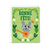 Greeting card with a cartoon mouse playing a guitar and 'Bonne Fète!' text on a green background.