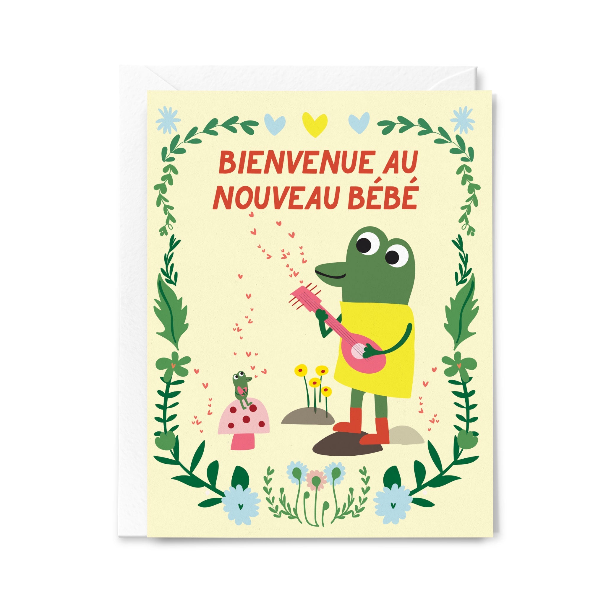 Greeting card with a frog playing a guitar and text 'Bienvenue au Nouveau Bébé' on a yellow background.