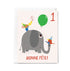 Children's birthday card with an elephant, two party animals, and a green balloon on a white background.
