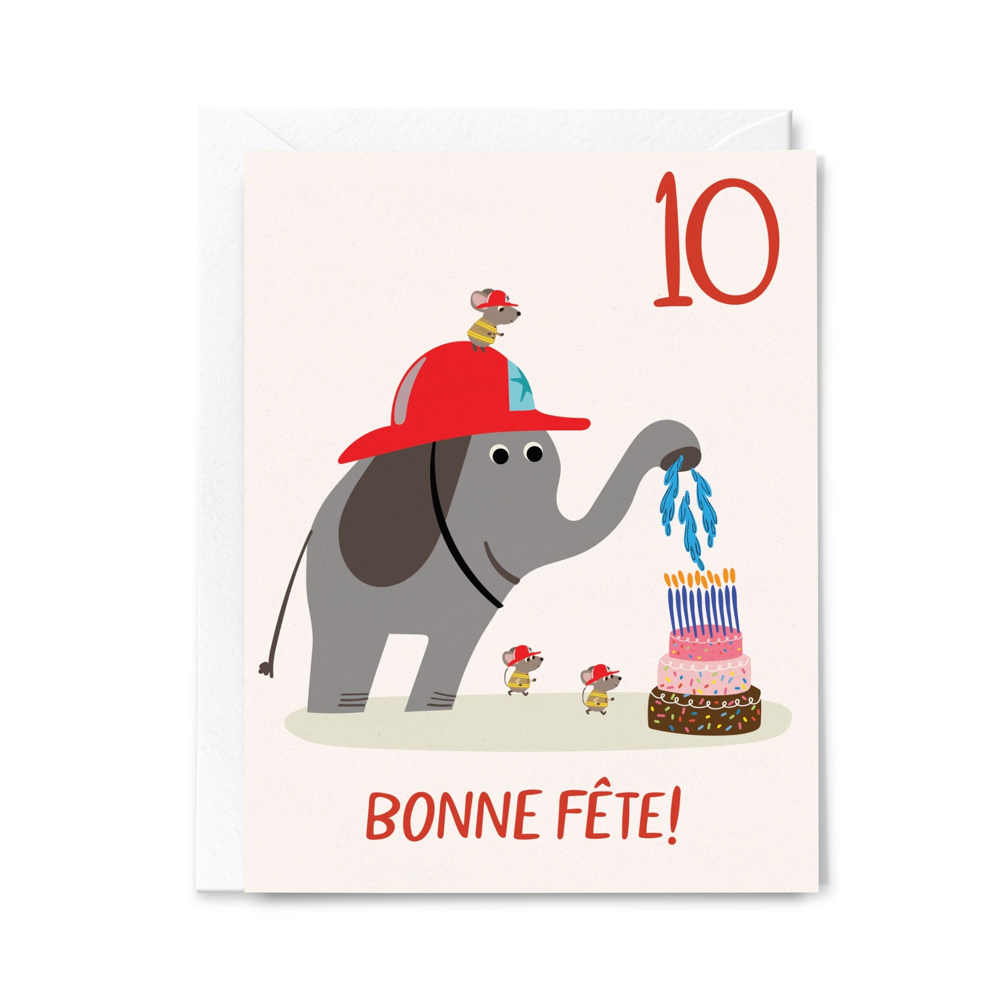Birthday card with an elephant, mouse, and cake, featuring the number 10 and 'Bonne Fète!' text.