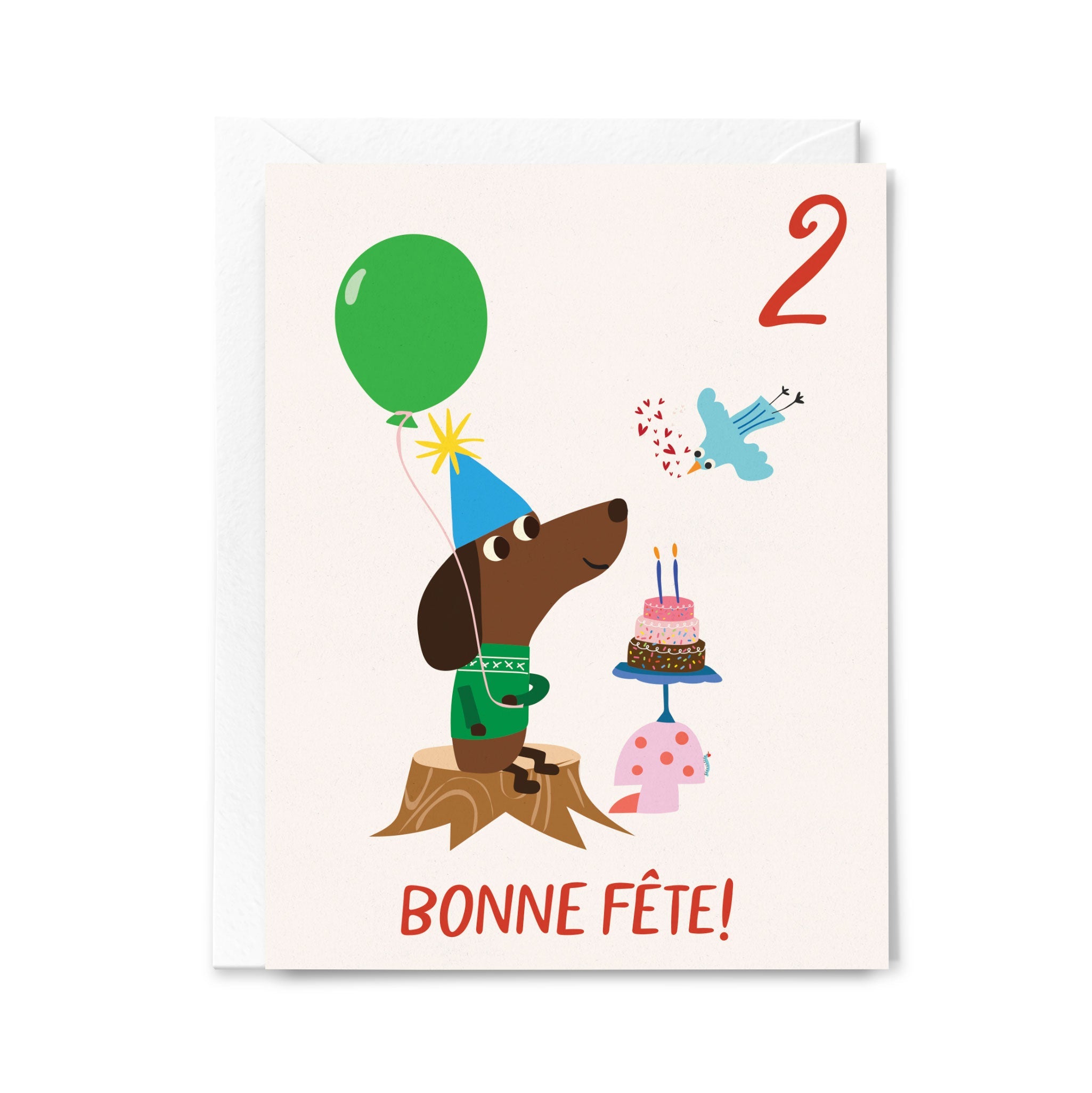 Birthday card with a dachshund, balloon, cake, and 'Bonne Fète!' text on a white background