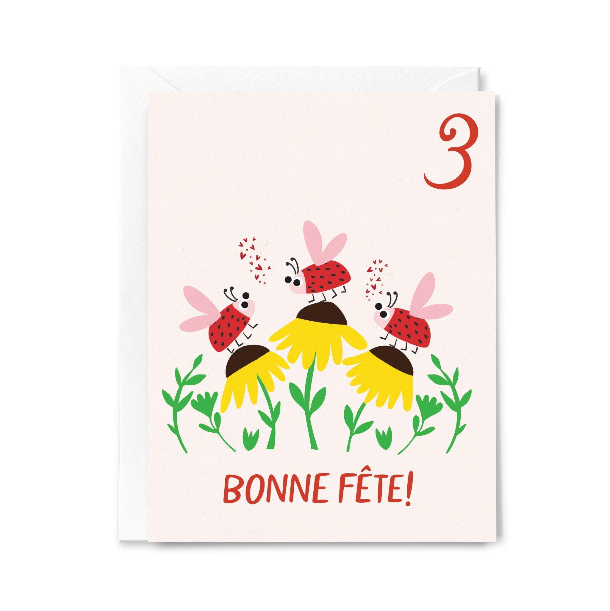 Greeting card with ladybugs and sunflowers, featuring the number 3 and 'Bonne Féte!' text.