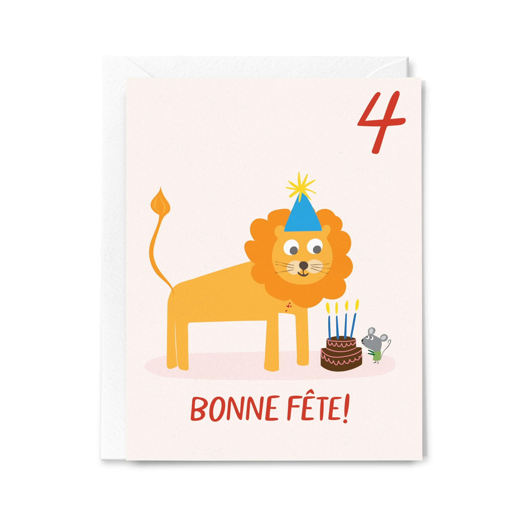 Birthday card with a lion wearing a party hat and candles, and 'Bonne Fète!' text on a white background.