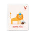 Birthday card with a lion wearing a party hat and candles, and 'Bonne Fète!' text on a white background.