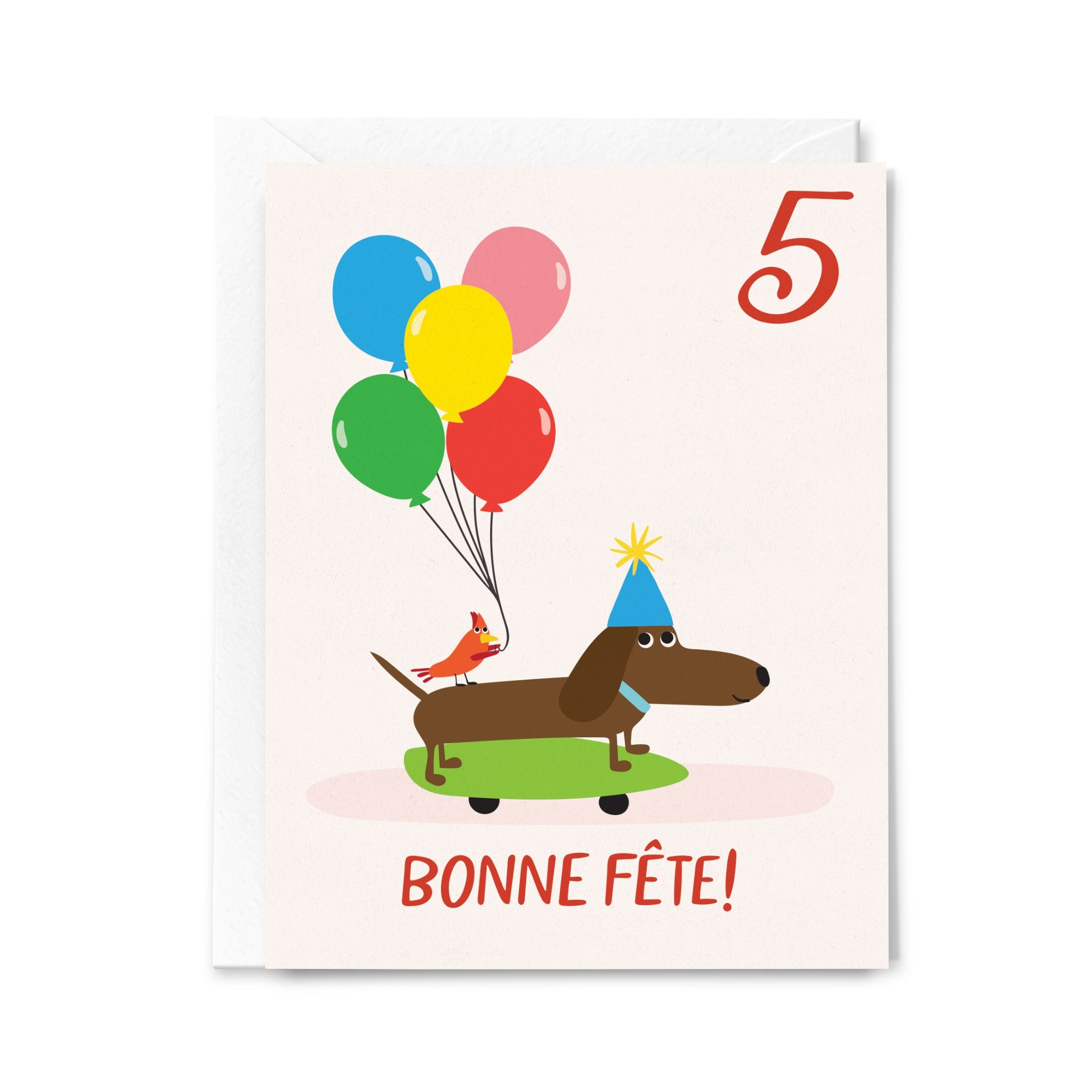 Birthday card with a dachshund, balloons, and 'Bonne Fète!' text on a white background