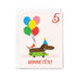 Birthday card with a dachshund, balloons, and 'Bonne Fète!' text on a white background