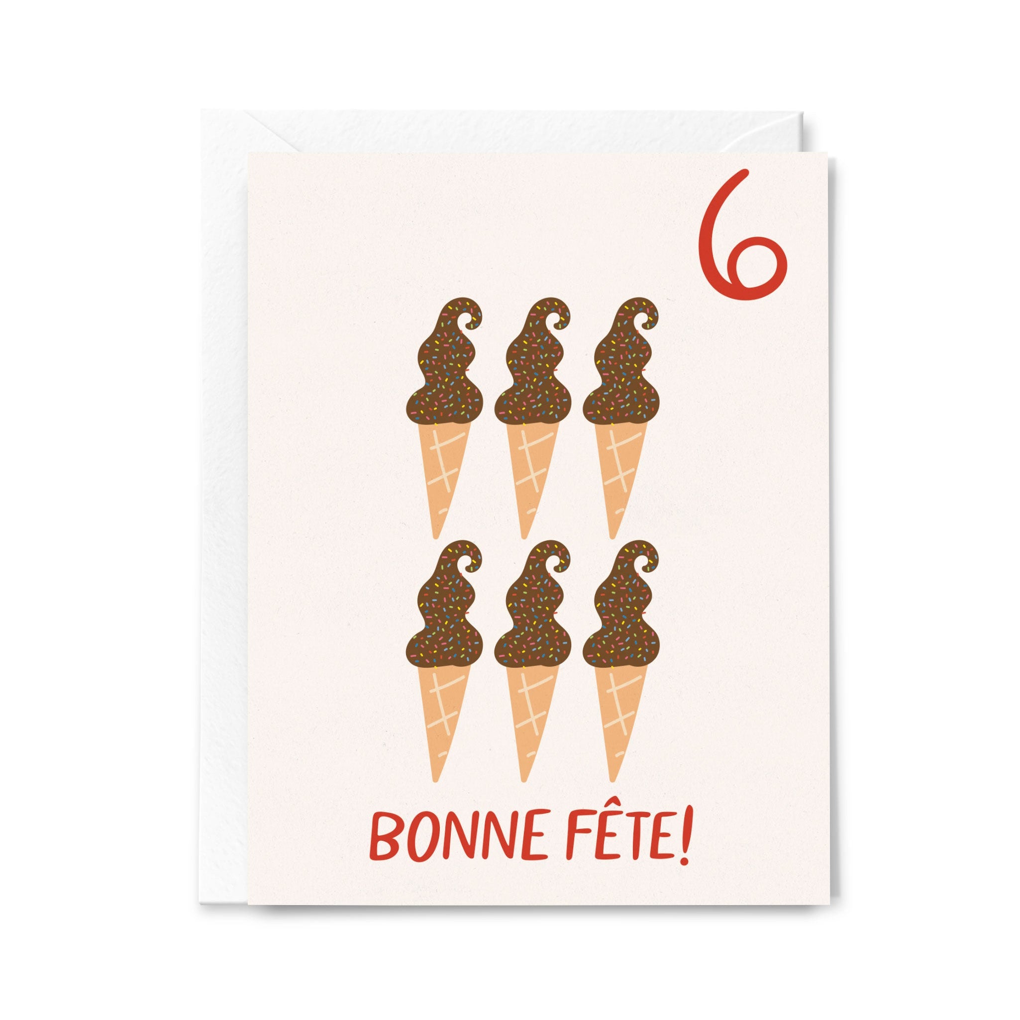 Greeting card with ice cream cone design and 'Bonne Fète!' text on a white background