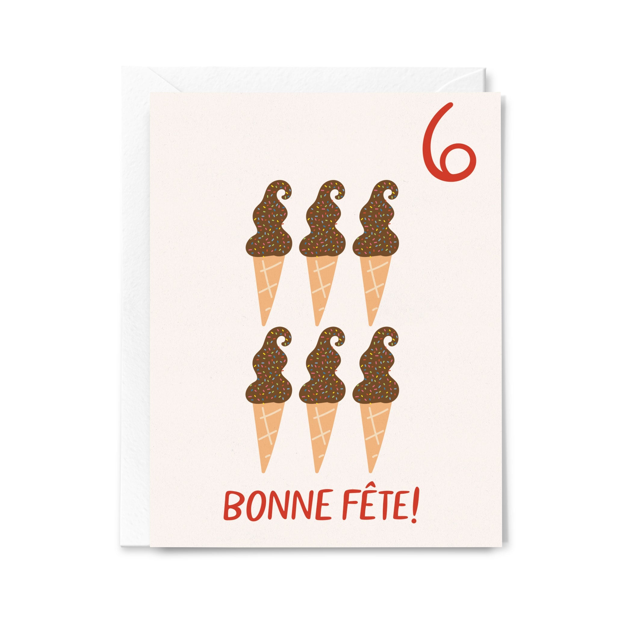 Greeting card with ice cream cone design and 'Bonne Fète!' text on a white background