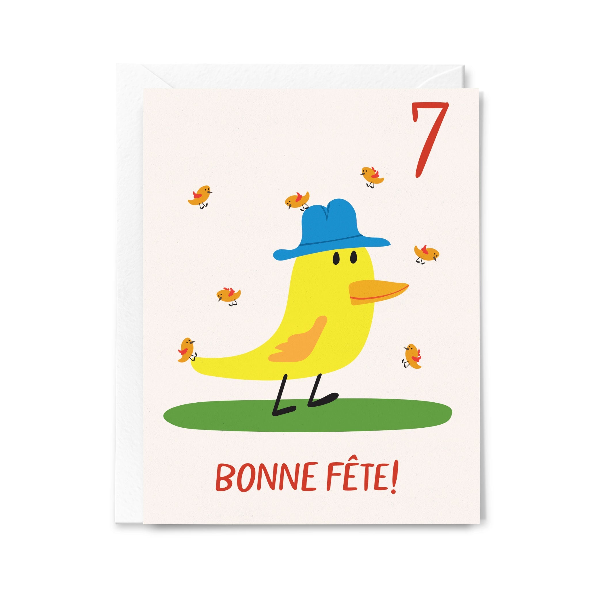 Greeting card with a yellow duck wearing a blue hat and the number 7, featuring the text 'Bonne Fète!' on a white background.