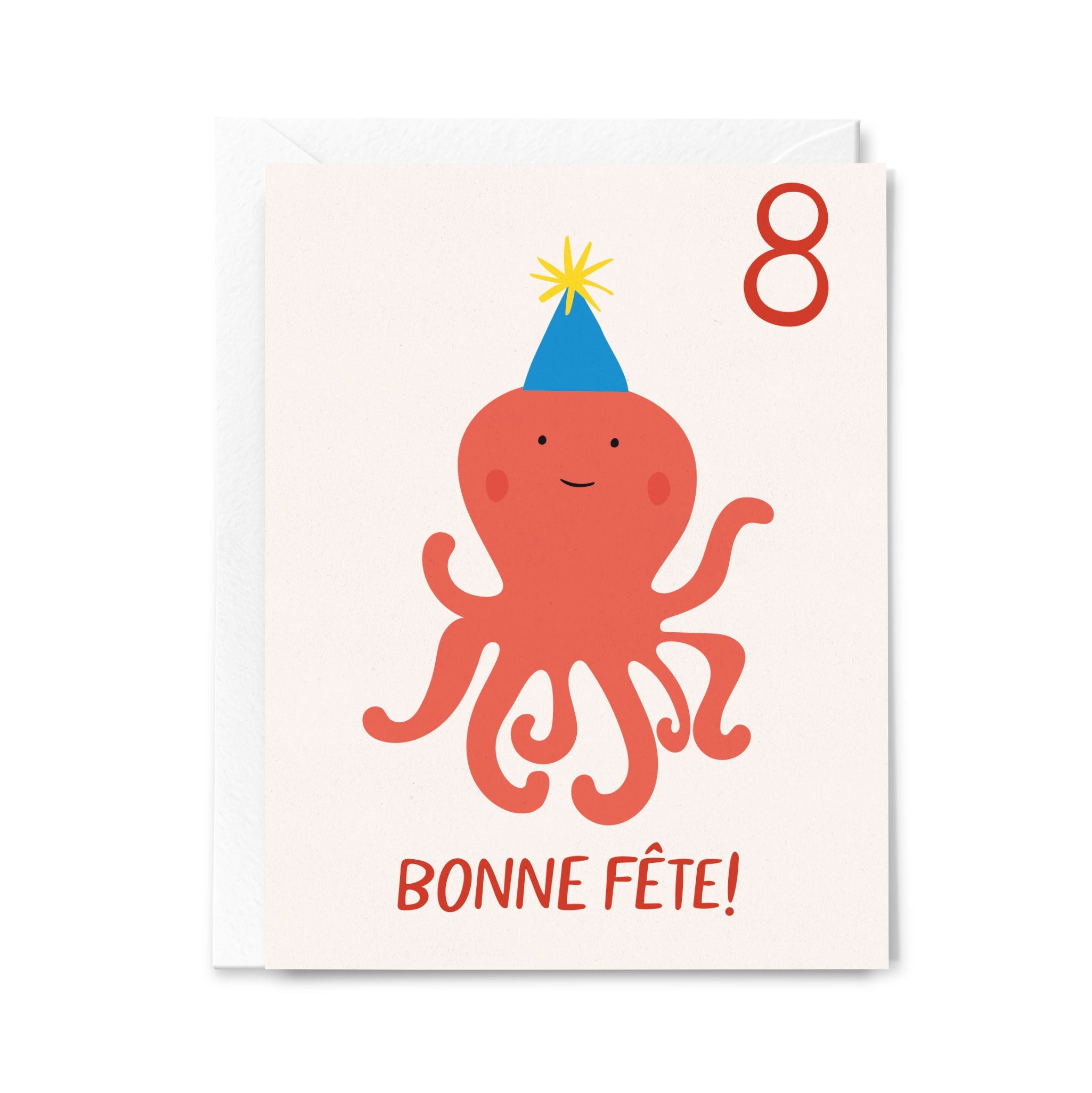 Greeting card with a red octopus wearing a blue party hat and 'Bonne Fète!' text on a white background
