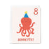 Greeting card with a red octopus wearing a blue party hat and 'Bonne Fète!' text on a white background