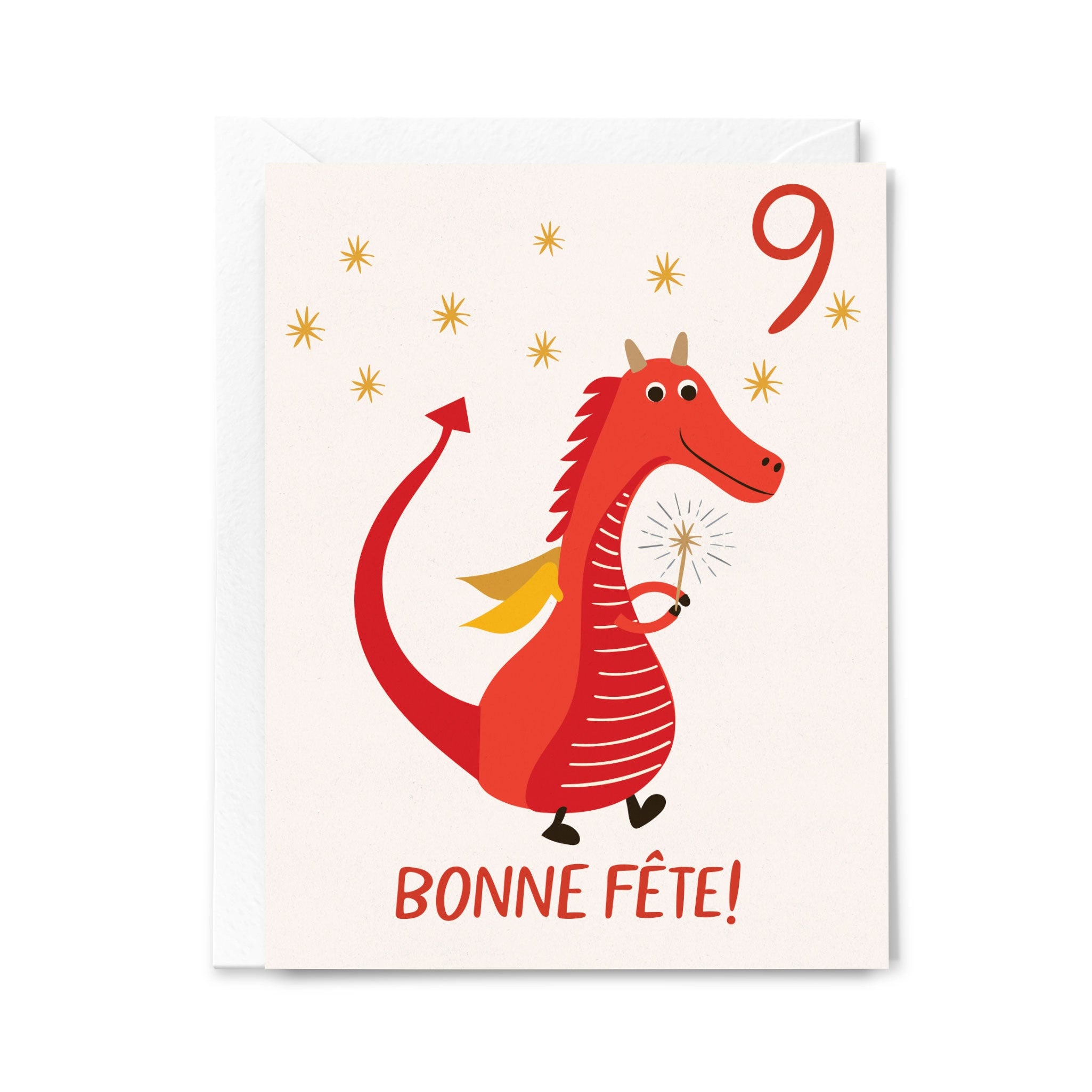 Greeting card with a red dragon illustration and 'Bonne Fète!' text on a white background