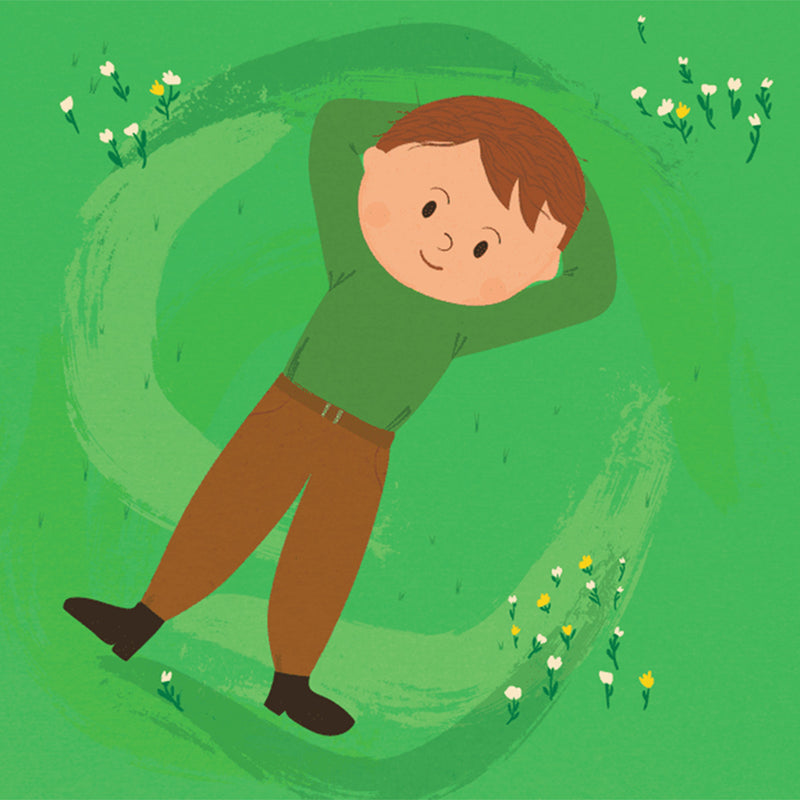 Illustration of a boy lying on his back on a green background with flowers around him
