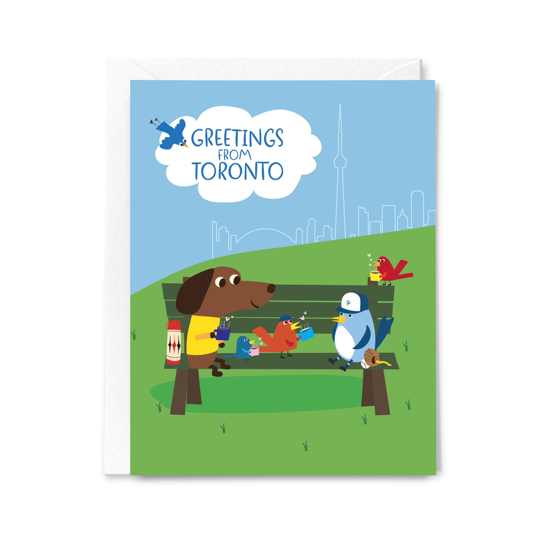 Greeting card with cartoon characters on a bench and 'Greetings from Toronto' text.