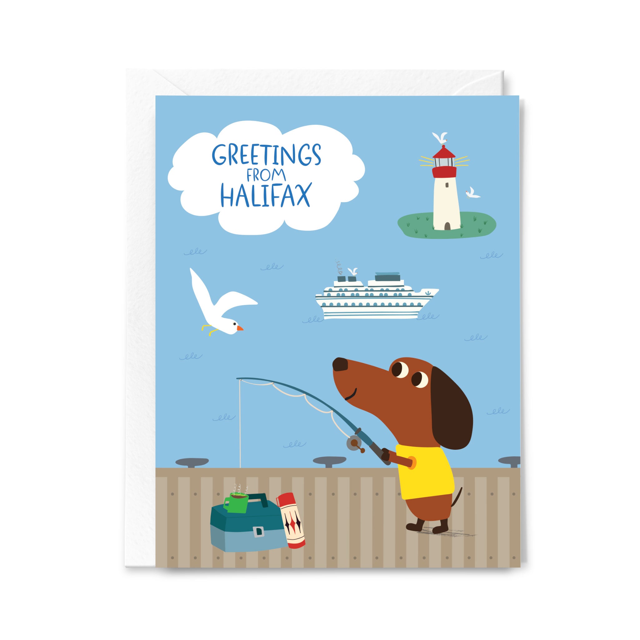 Greeting card with a dog fishing, lighthouse, and text 'Greetings from Halifax' on a blue background.