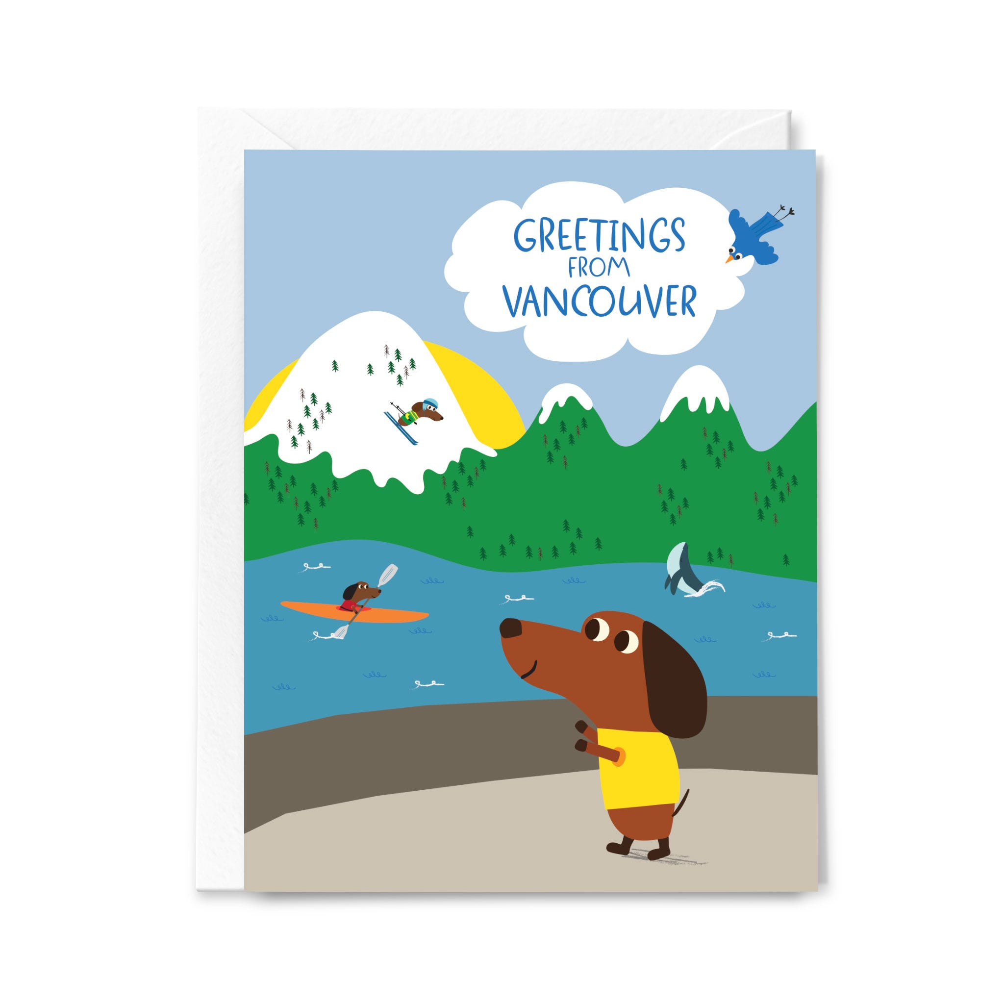 Greeting card with a dog, mountains, and water scene, featuring 'Greetings from Vancouver'.