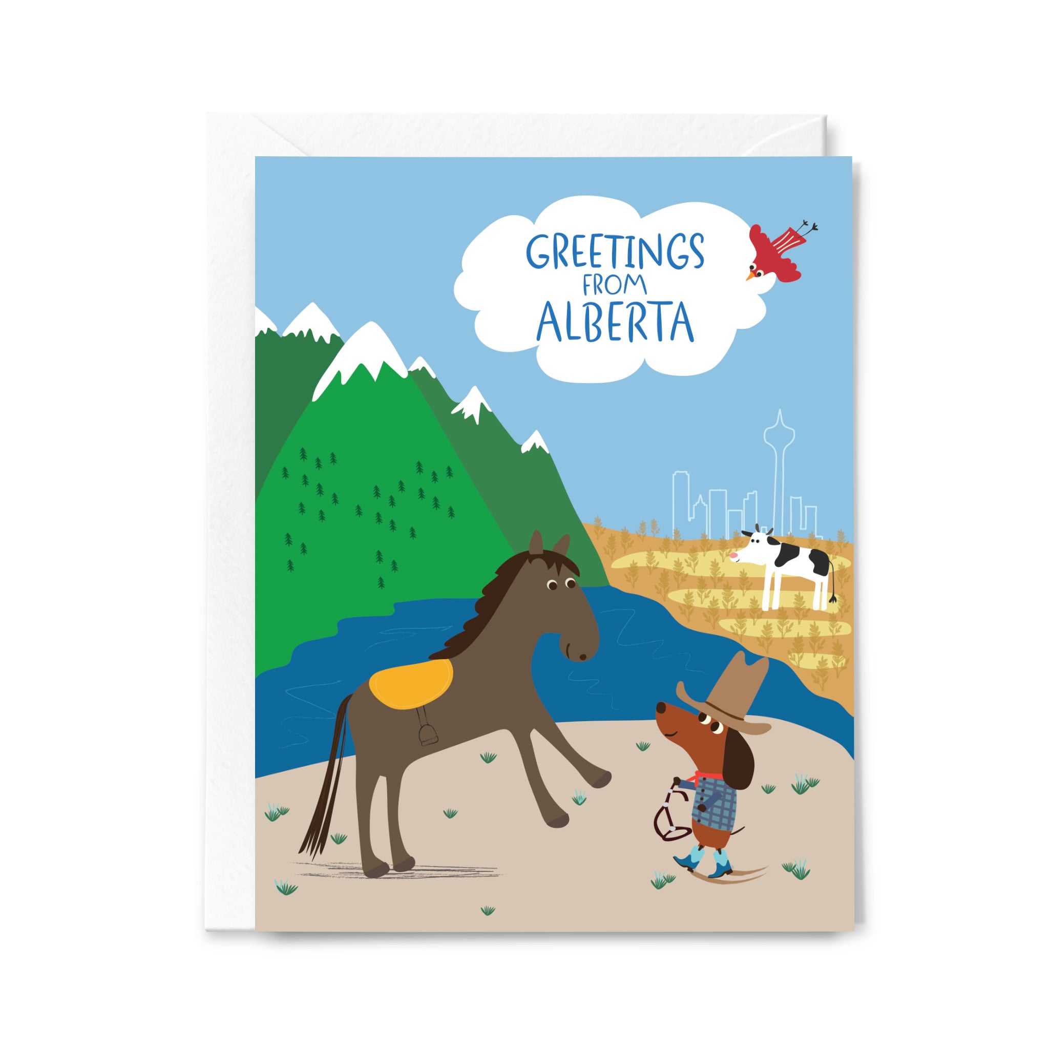 Greeting card with a horse, dog, and cow illustration and 'Greetings from Alberta' text.