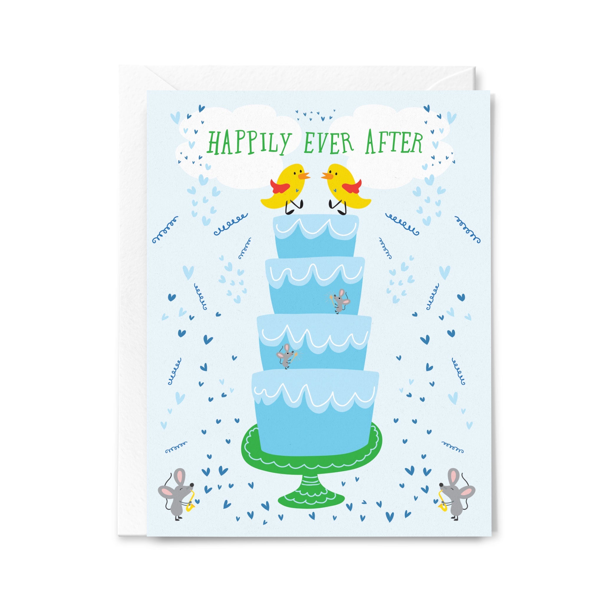 Card with a blue wedding cake illustration and 'Happily Ever After' text on a white background.