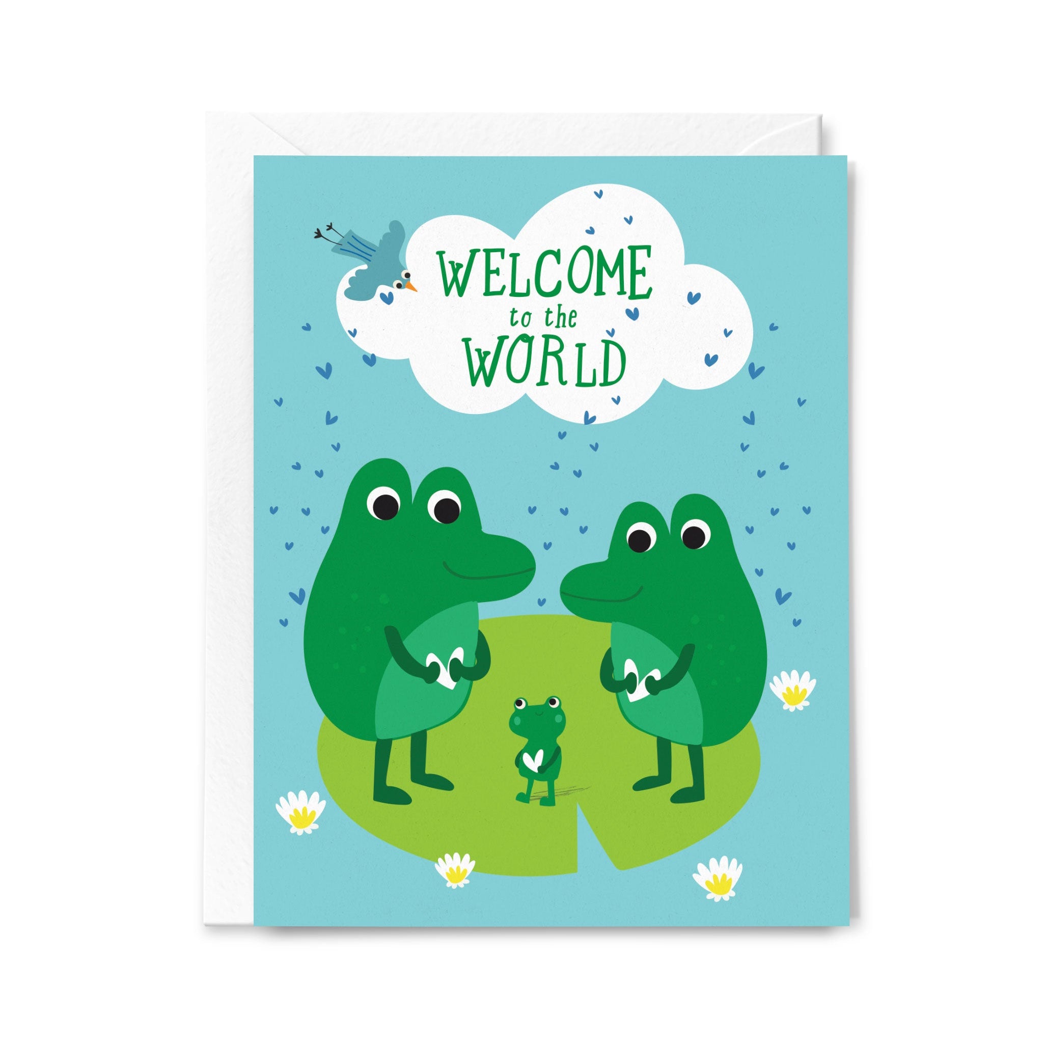 Greeting card with cartoon frogs and 'Welcome to the World' text on a blue background