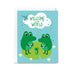 Greeting card with cartoon frogs and 'Welcome to the World' text on a blue background
