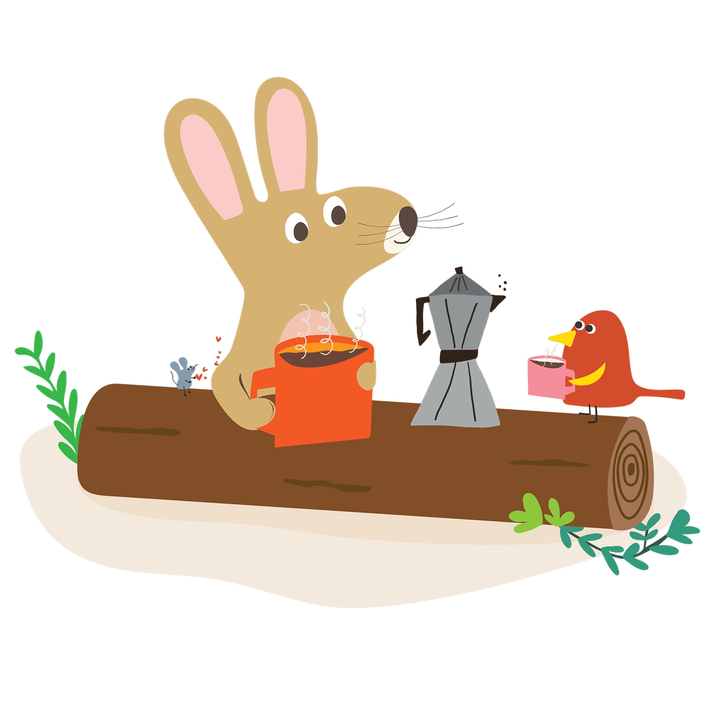 Illustrated rabbit and bird having coffee on a log