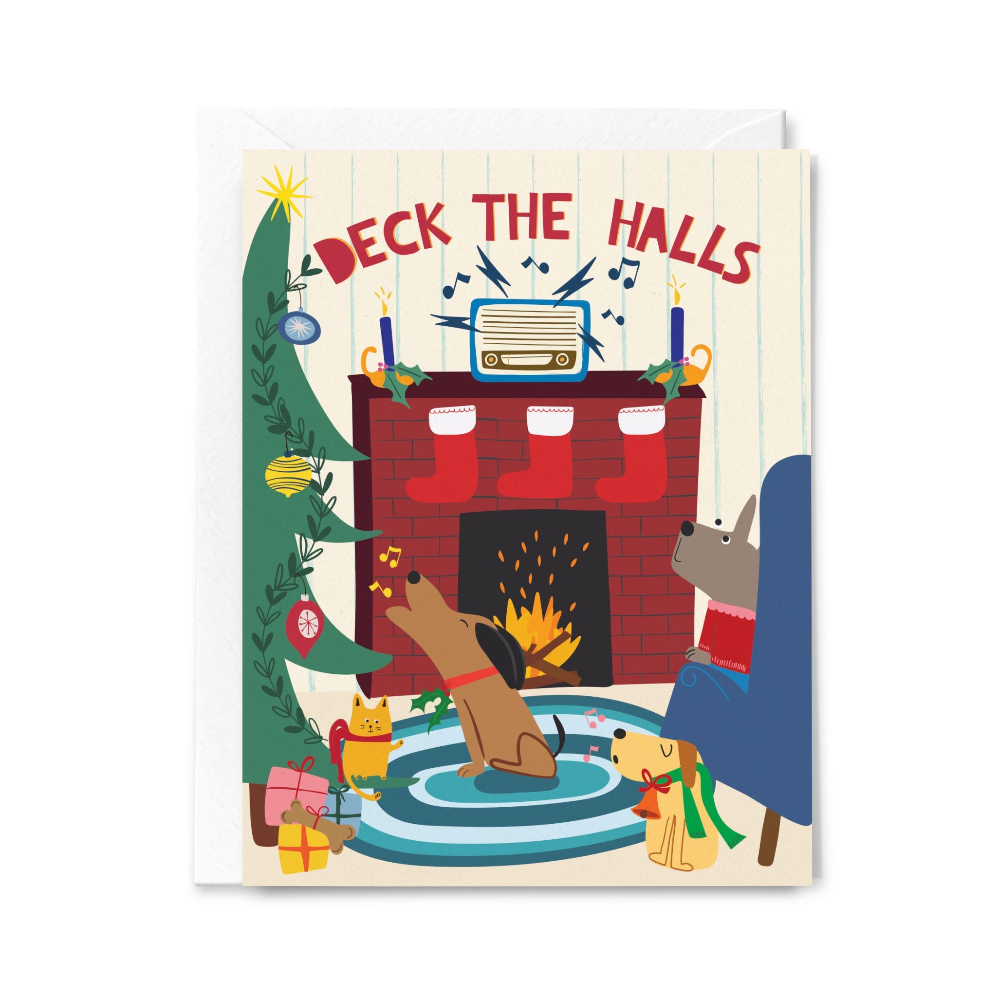 Illustrated Christmas card with dogs around a fireplace and 'Deck the Halls' text.