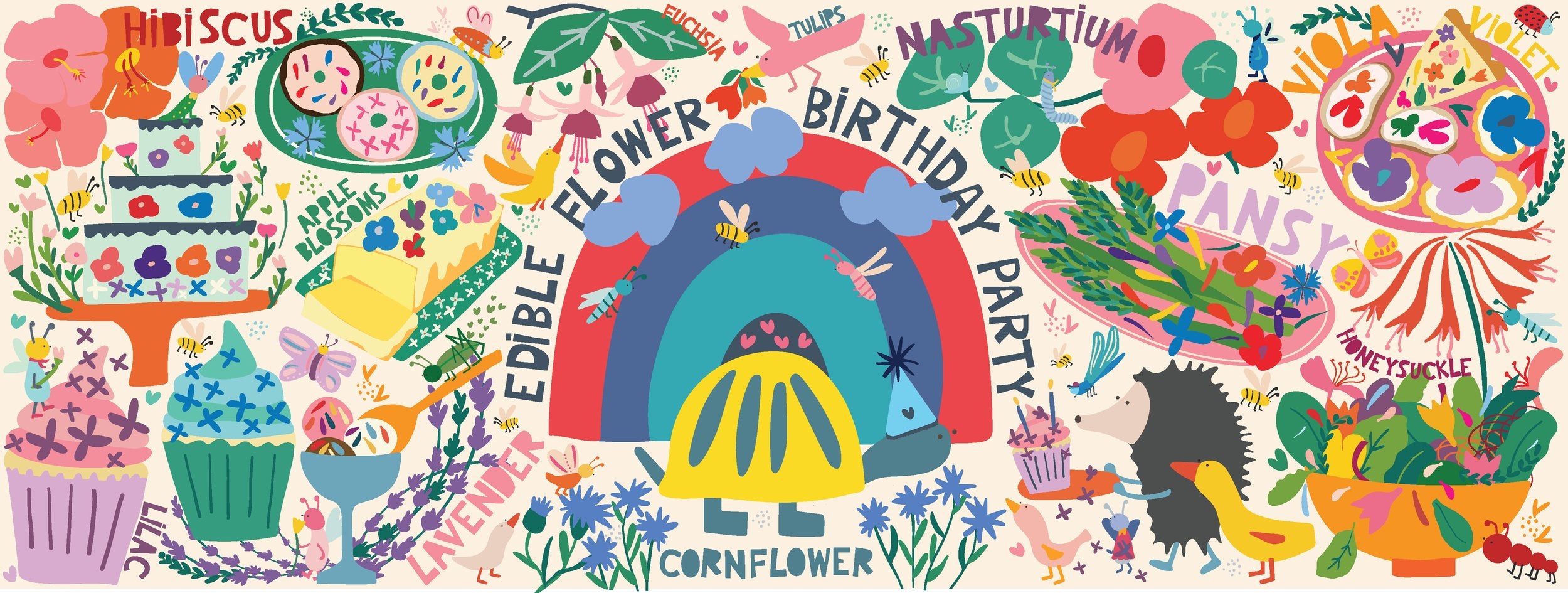 Colorful illustration of a birthday party scene with various elements like flowers, animals, and rainbow.