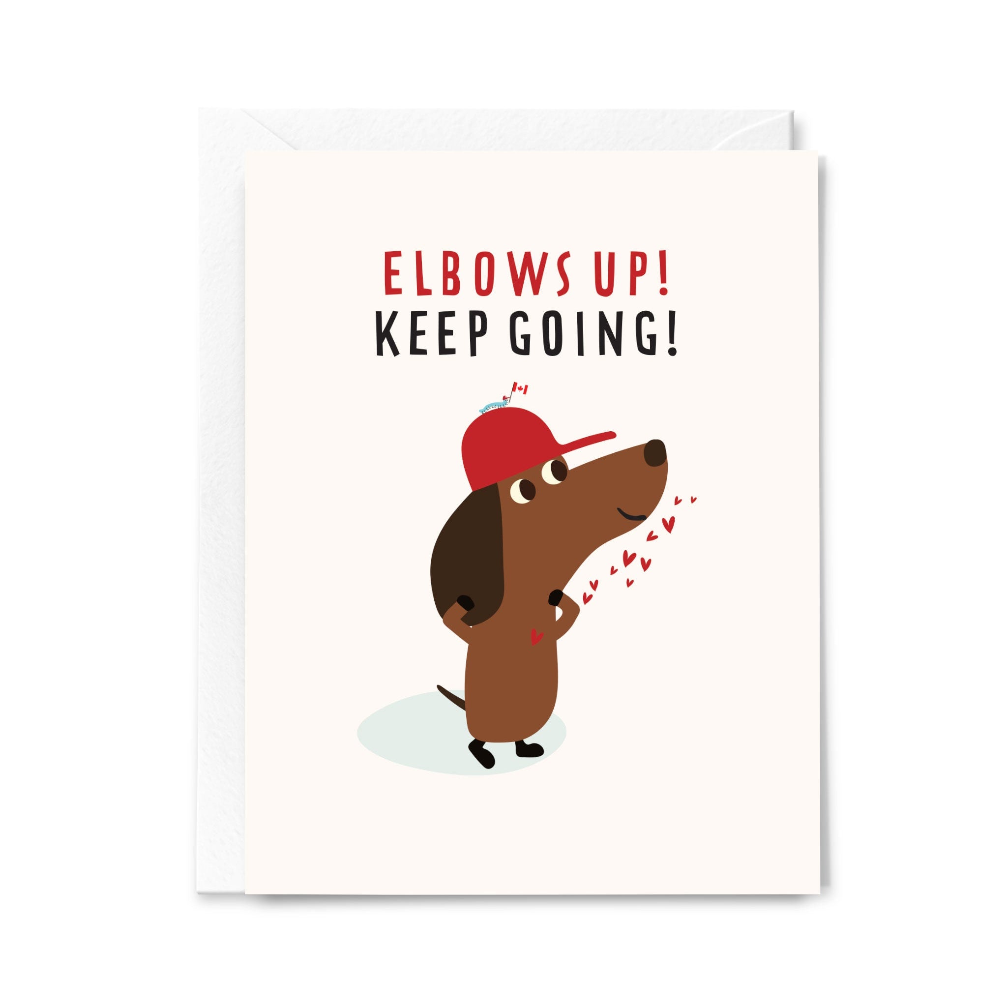 Motivational card with a dachshund wearing a red cap and text 'Elbows up! Keep going!' on a white background.