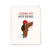Motivational card with a dachshund wearing a red cap and text 'Elbows up! Keep going!' on a white background.