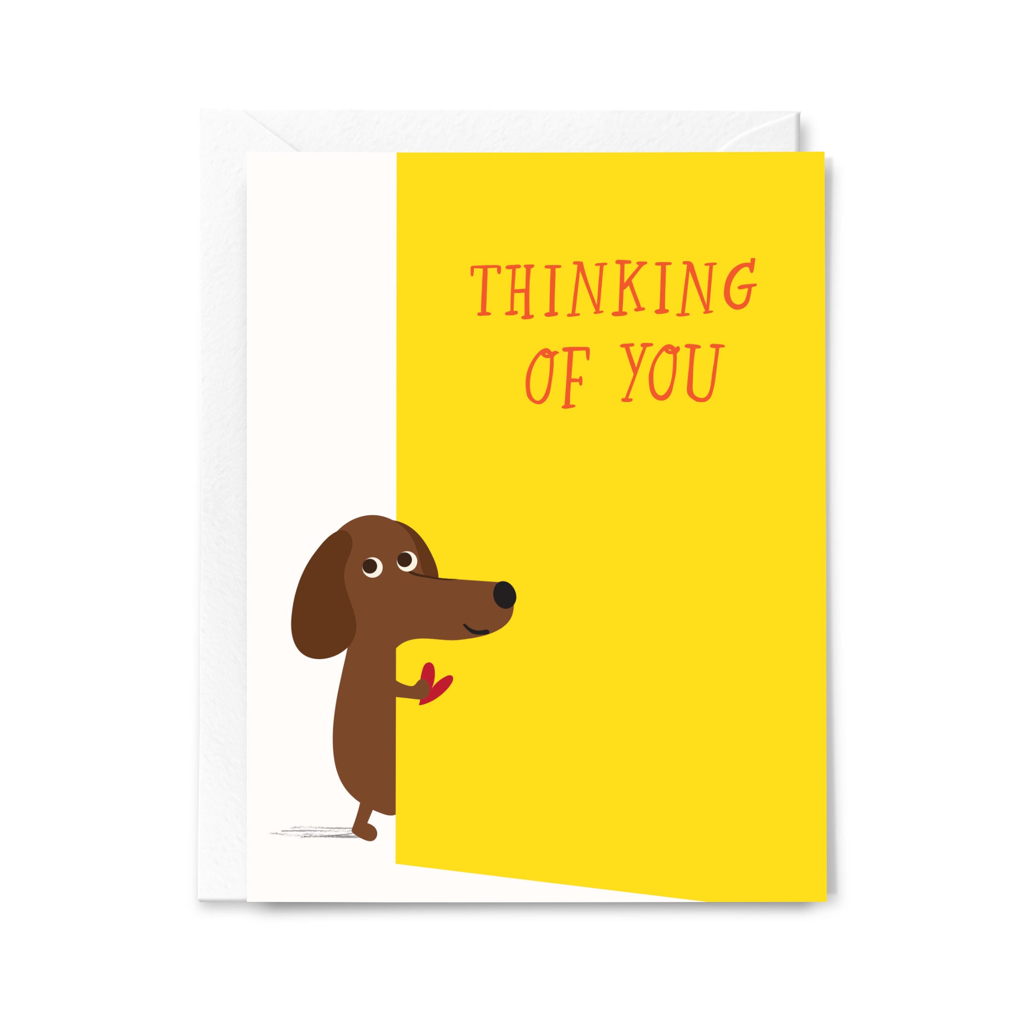Greeting card with a dachshund illustration and 'Thinking of You' text on a yellow background