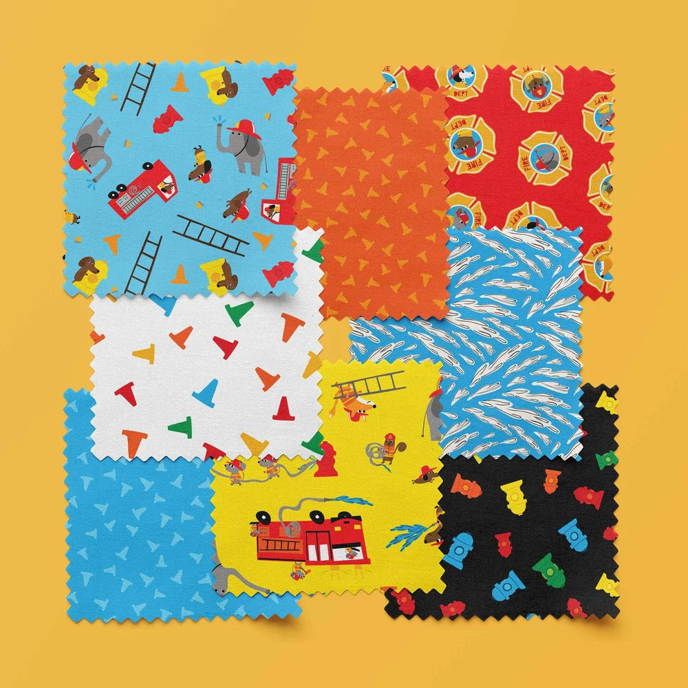 Collection of colorful fabric swatches with various patterns on a yellow background