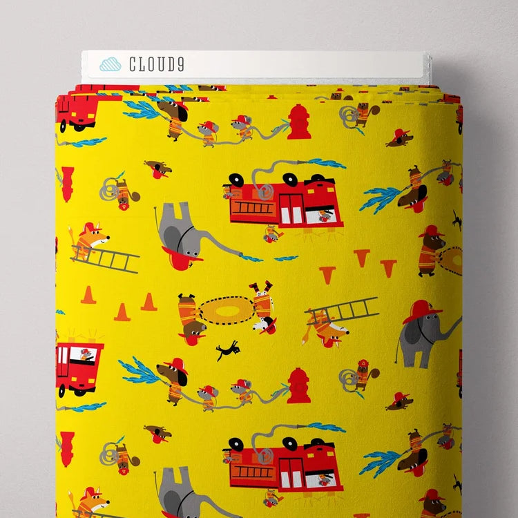 Yellow fabric with fire truck and firefighter pattern, branded 'Cloud9'.