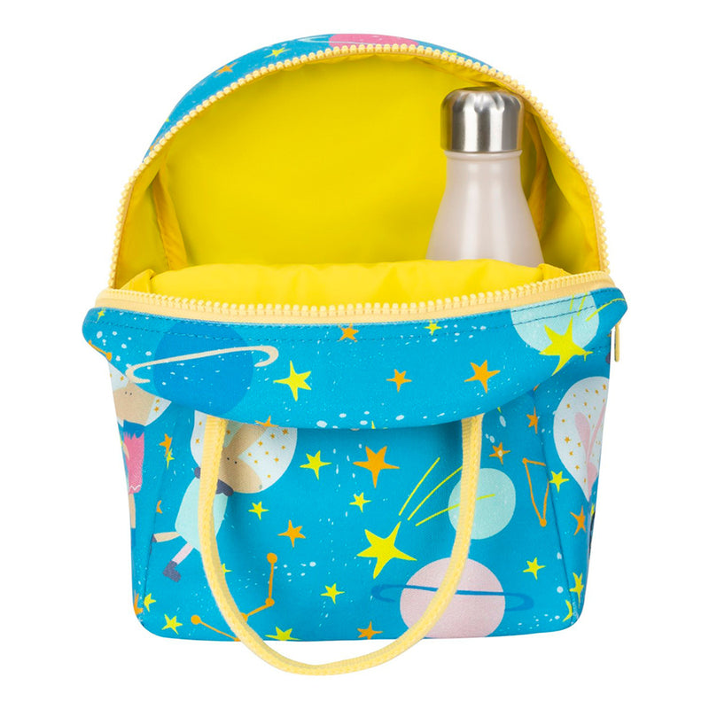 Blue and yellow insulated lunch bag with space-themed design and bottle pocket.