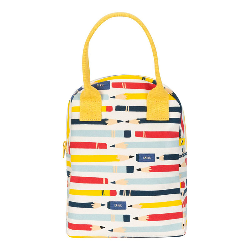 Colorful pencil-patterned bag with yellow handles on a white background