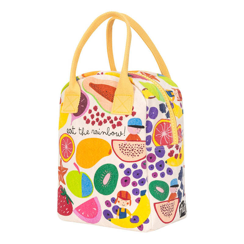 Colorful fruit-patterned bag with yellow handles on a white background