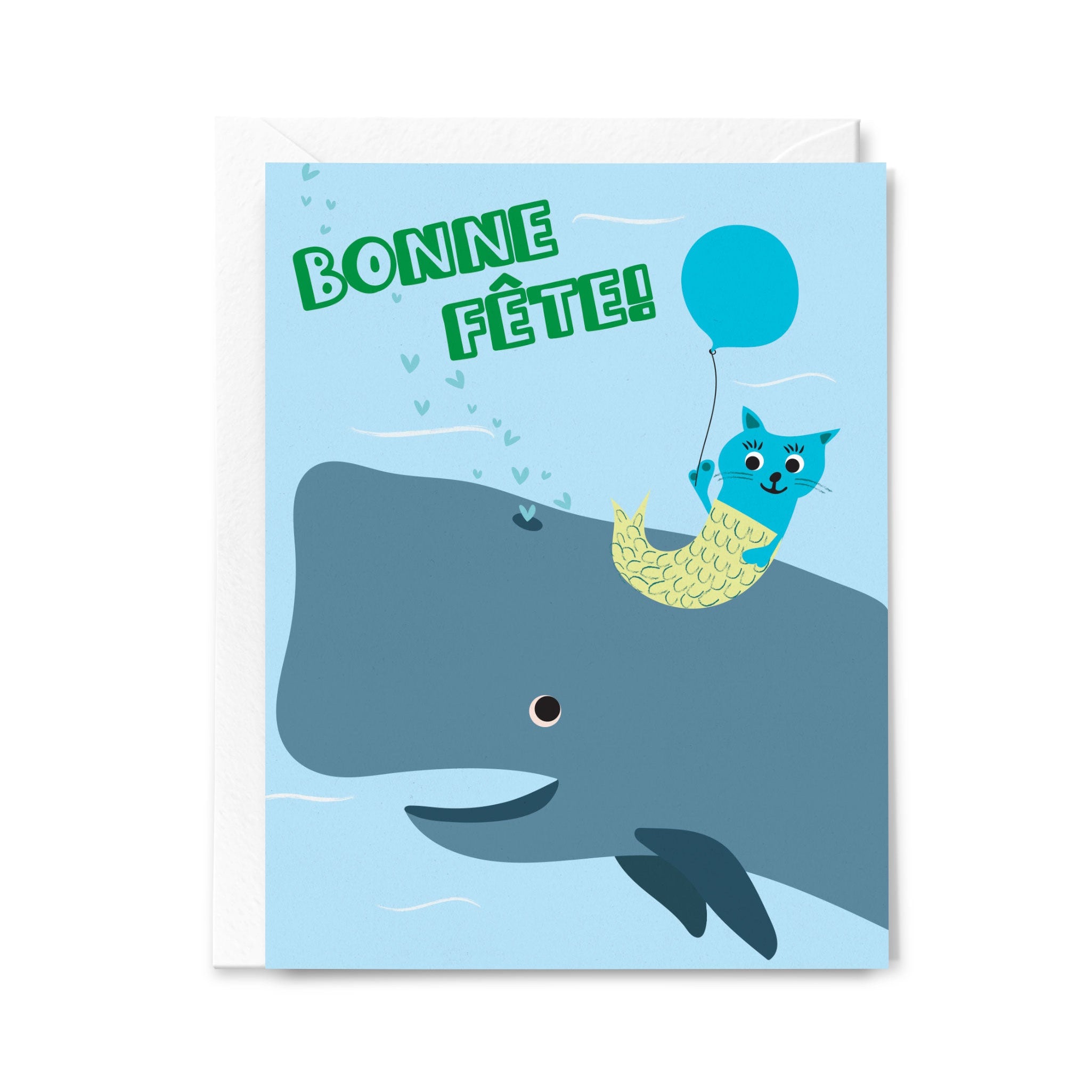 Greeting card with a whale, cat, and balloon on a light blue background