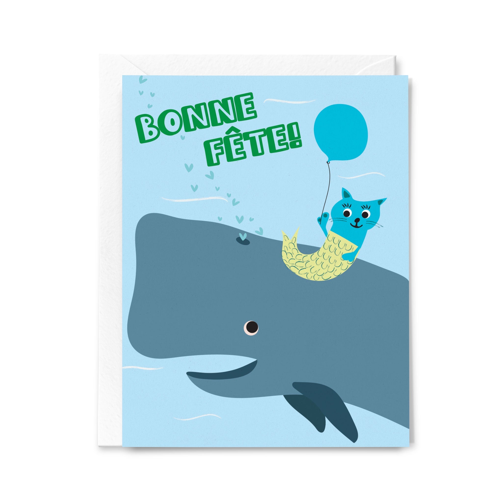 Greeting card with a whale, cat, and balloon on a light blue background