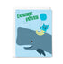 Greeting card with a whale, cat, and balloon on a light blue background