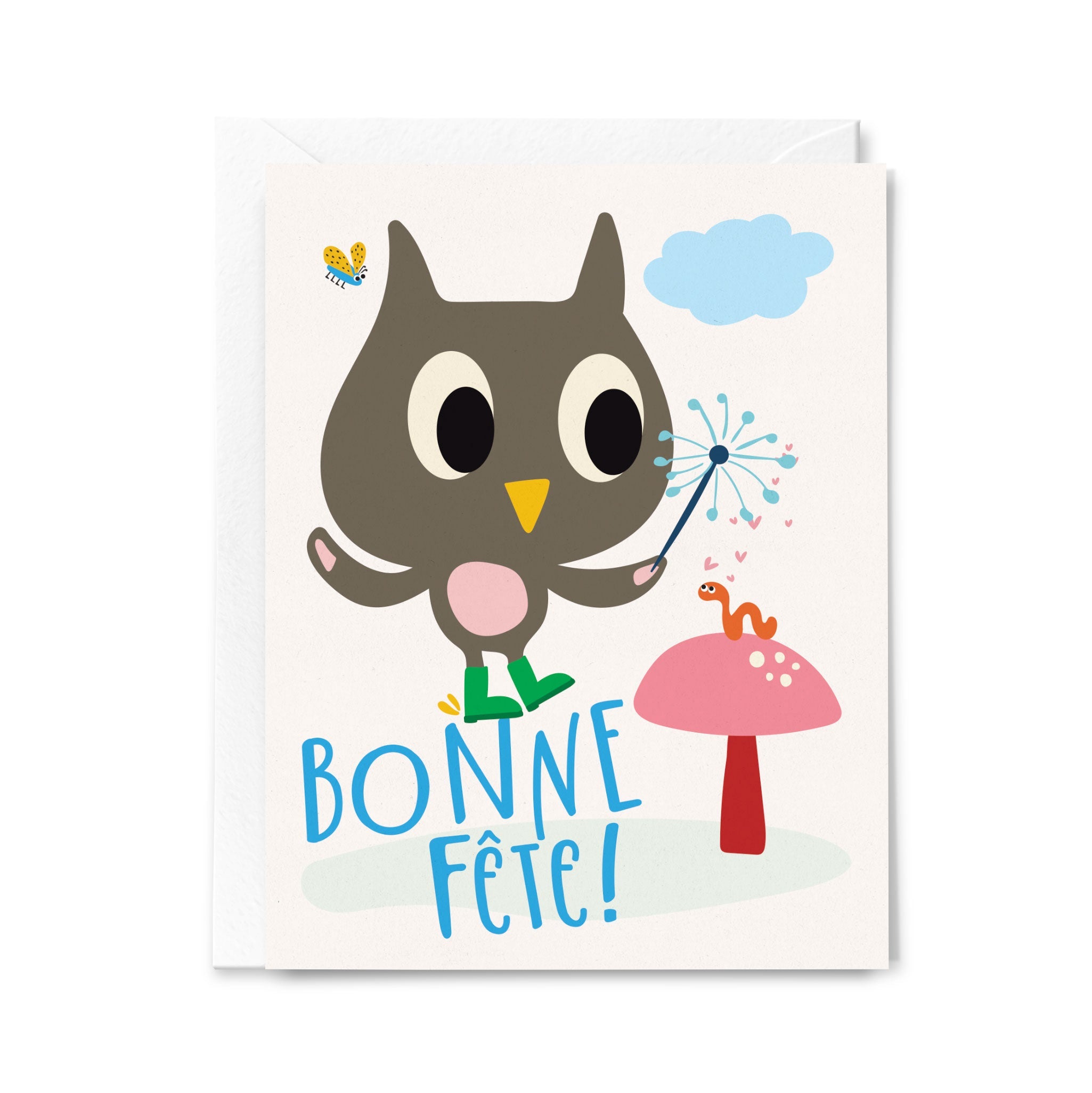 Greeting card with a cartoon owl and a mushroom and a blue cloud on a white background saying "Bonne Fête"