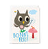 Greeting card with a cartoon owl and a mushroom and a blue cloud on a white background saying "Bonne Fête"