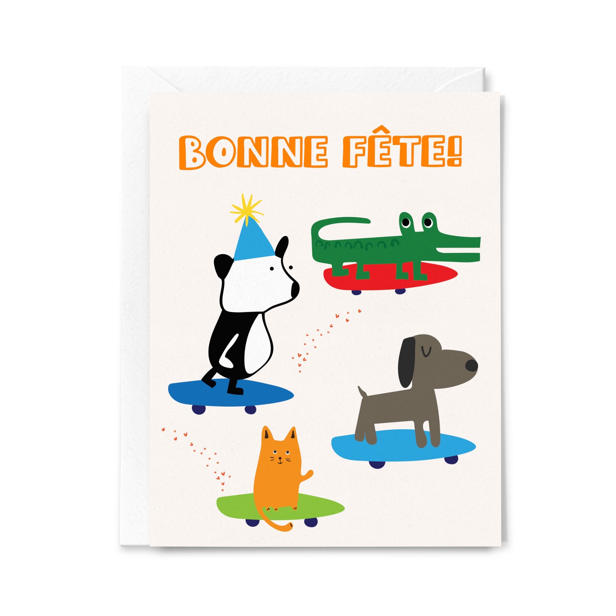 Greeting card with cartoon animals on skateboards and 'Bonne Fète!' text.