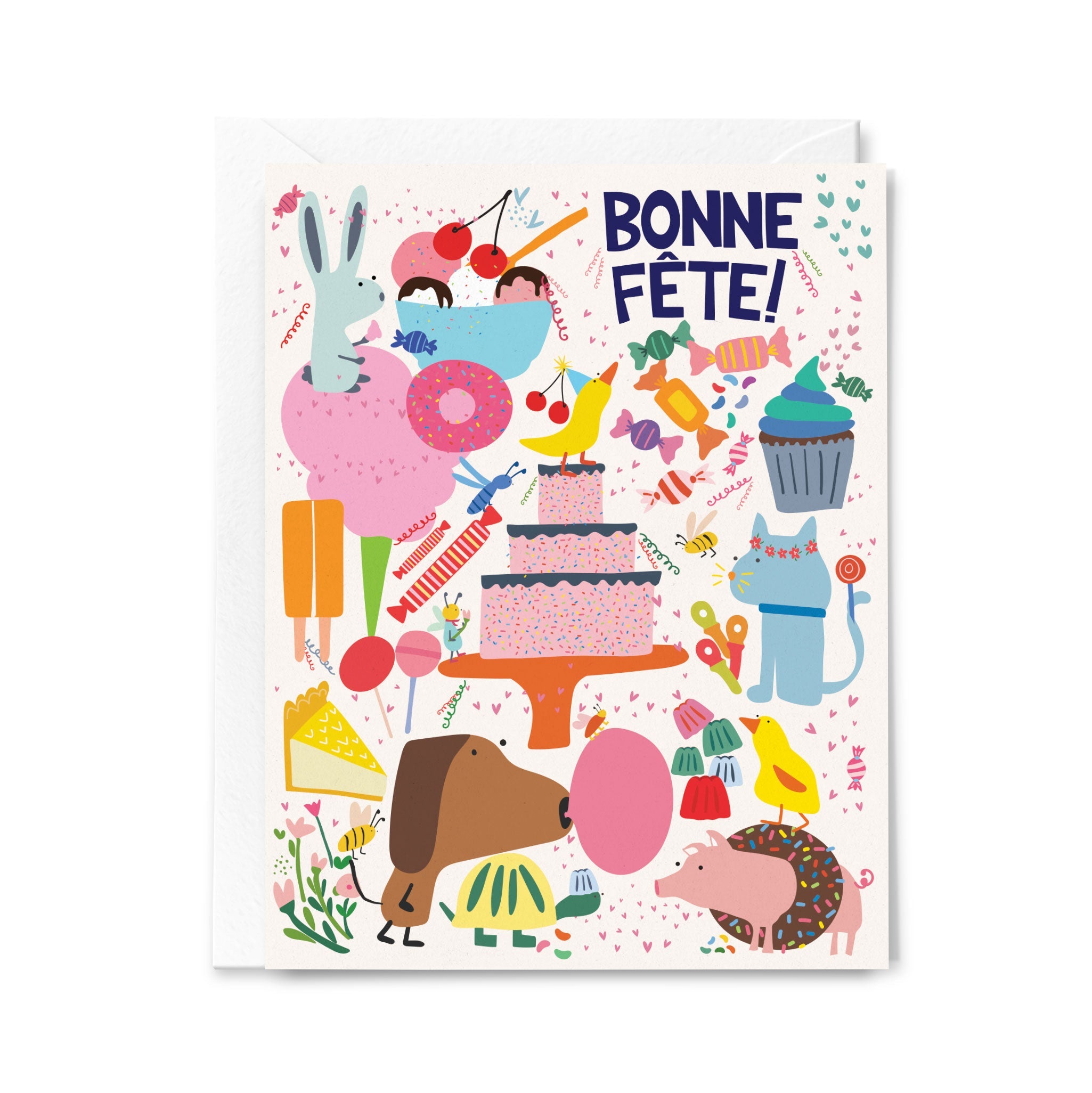 Colorful birthday card with illustrations of animals and celebratory items, featuring the text 'Bonne Féte!' on a white background.