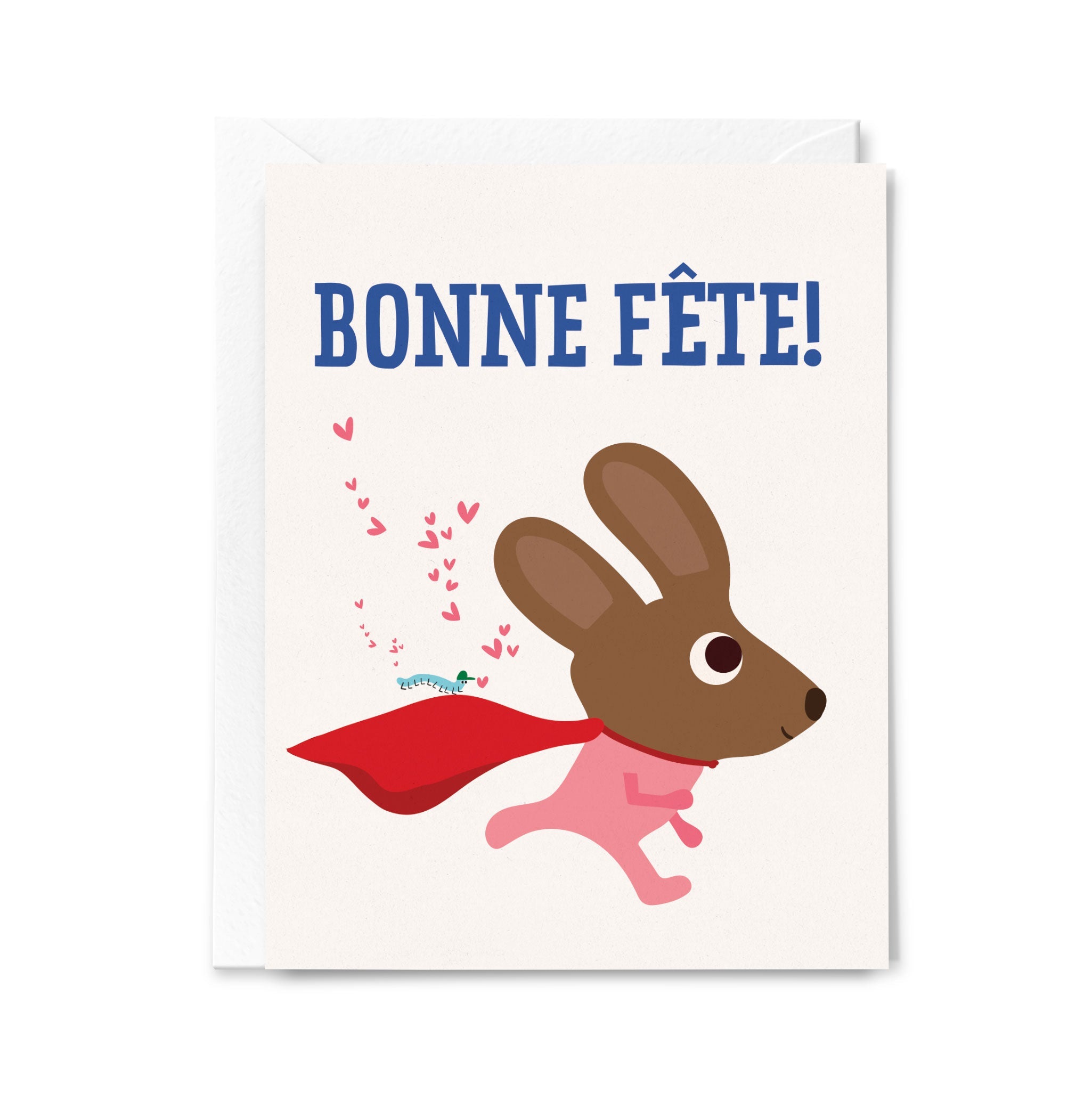 Greeting card with a cartoon rabbit wearing a red cape and 'Bonne Fète!' text on a white background