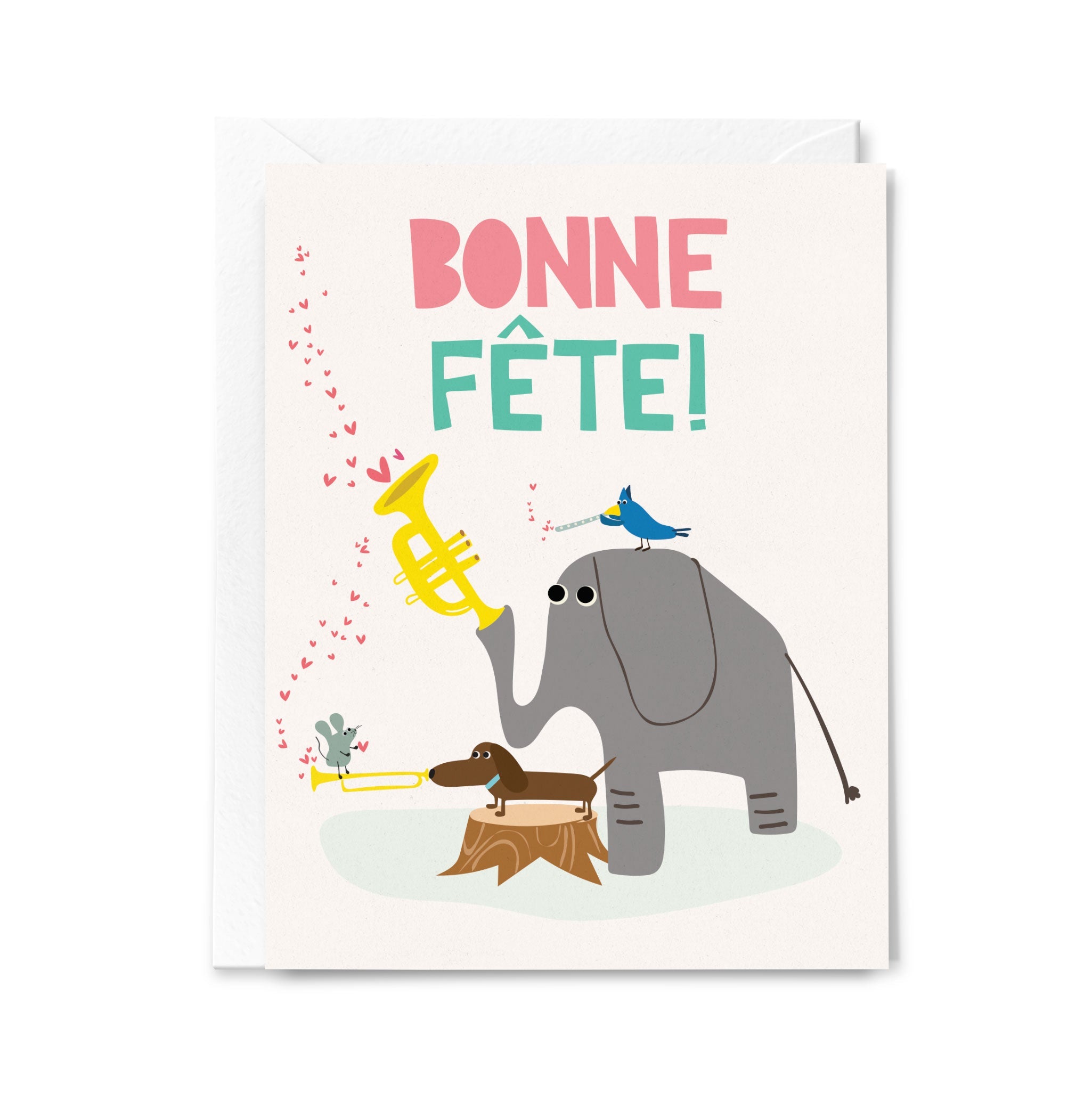 Greeting card with an elephant, bird, and dog illustration and 'Bonne Fète!' text on a white background.
