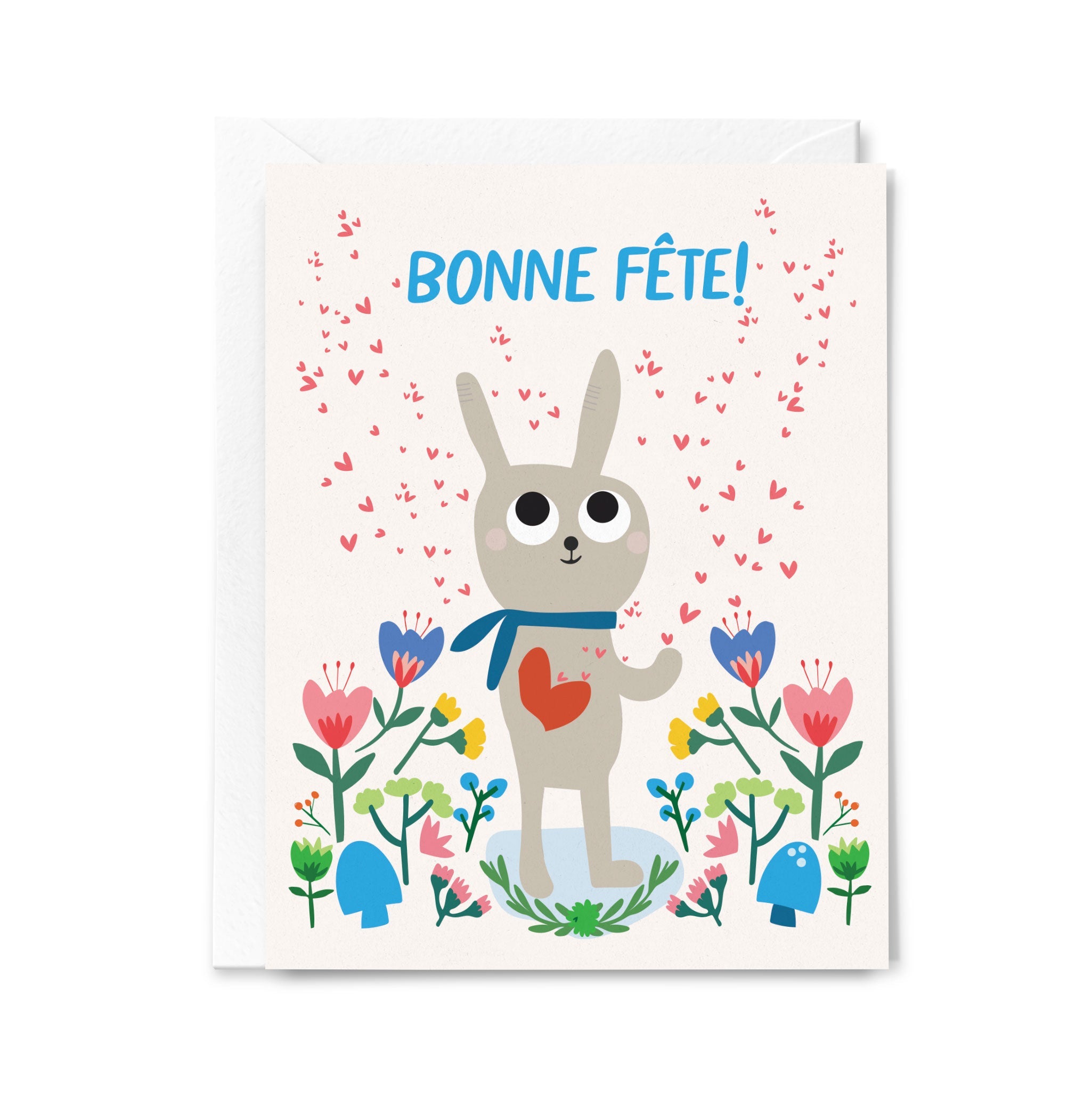 Greeting card with a cartoon rabbit holding a heart, surrounded by flowers and hearts, with 'Bonne Fète!' text.