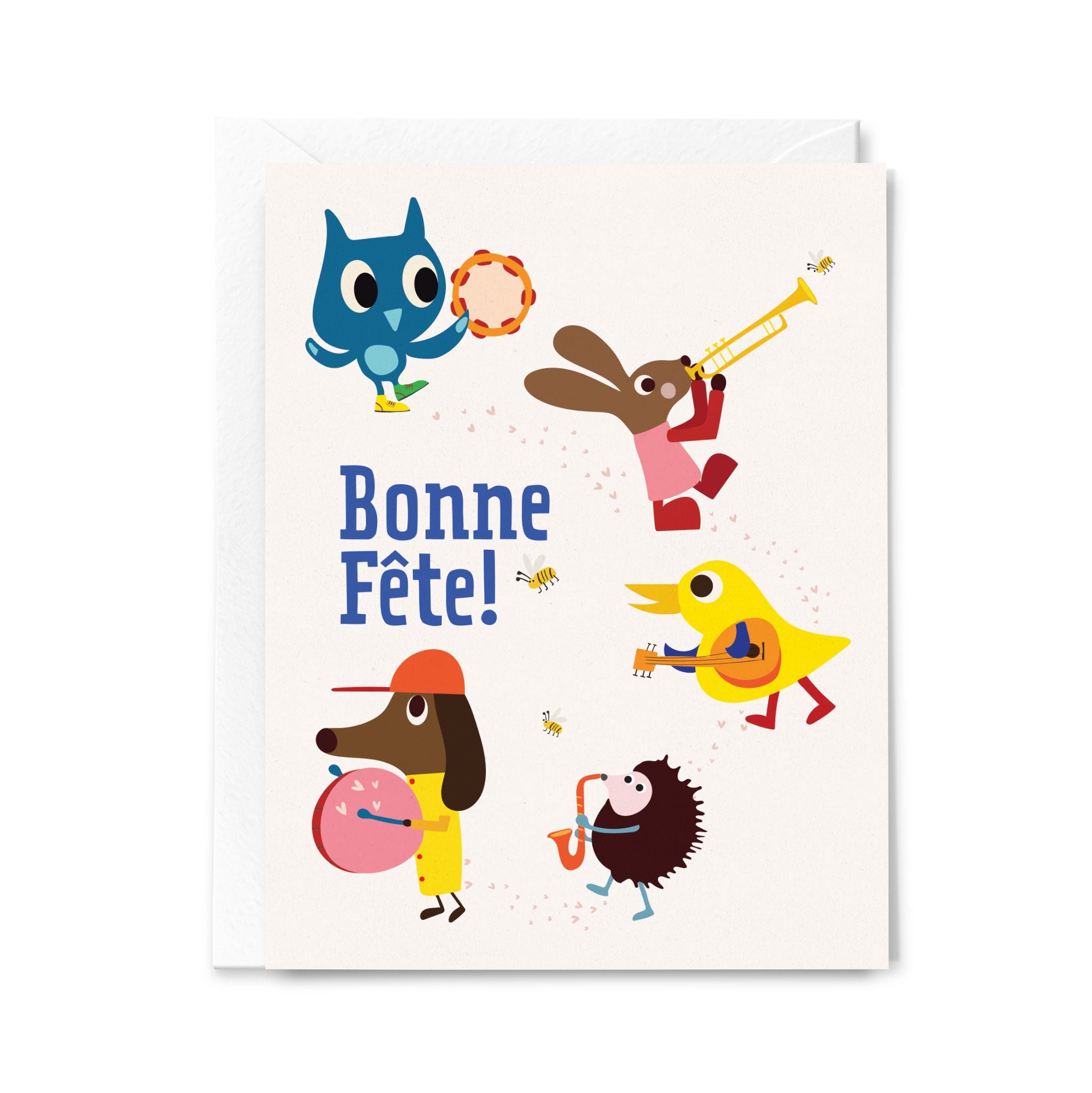 Greeting card with cartoon animals playing instruments and 'Bonne Féte!' text on a white background