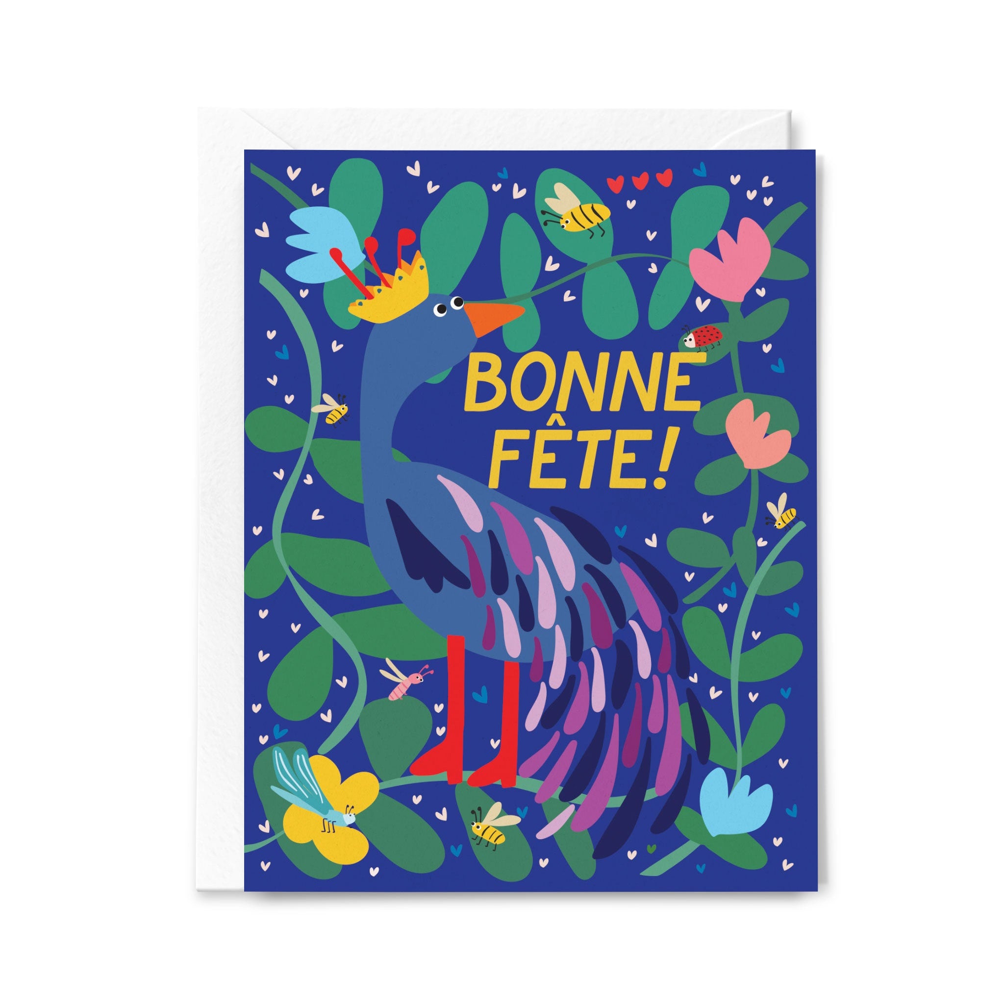 Greeting card with a colorful bird illustration and 'Bonne Fète!' text on a blue background.